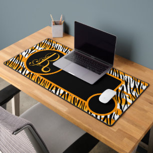 Fun Orange Black White Tiger Stripes Monogram M Desk Mat