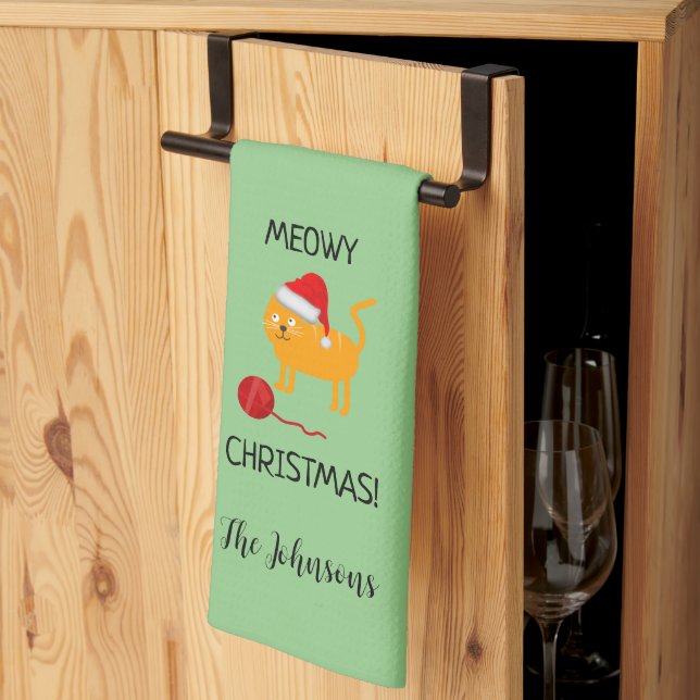Fun Orange Cat Meowy Christmas Kitchen Towel (Thirds Fold)