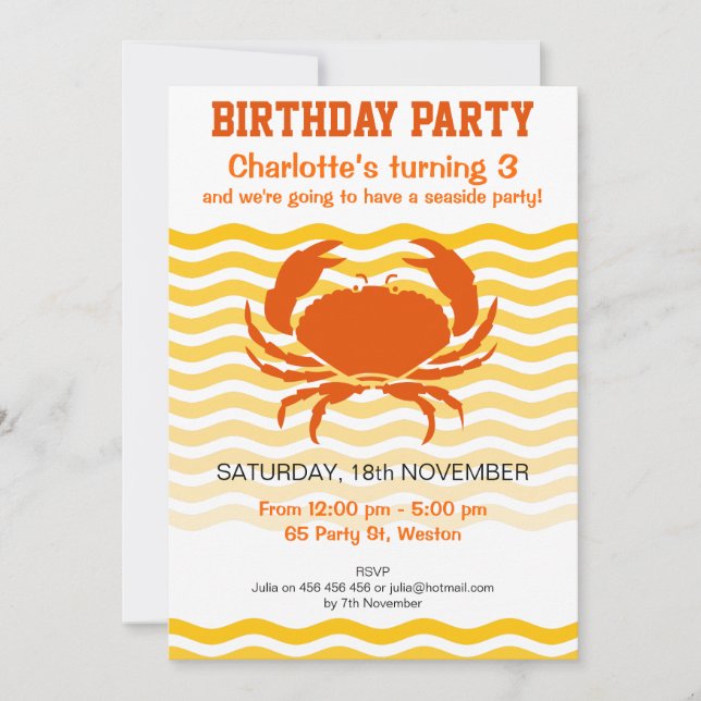 Fun orange crab on a sandy seashore party invitation (Front)