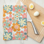 Fun Orange Green Pink Retro Flower Pattern Kitchen Towel<br><div class="desc">Bring a bit of fun and colour to your oven door with this cheerful retro flower pattern kitchen towel. This design features the colours of pink,  green,  and orange on a very pale blue background.</div>