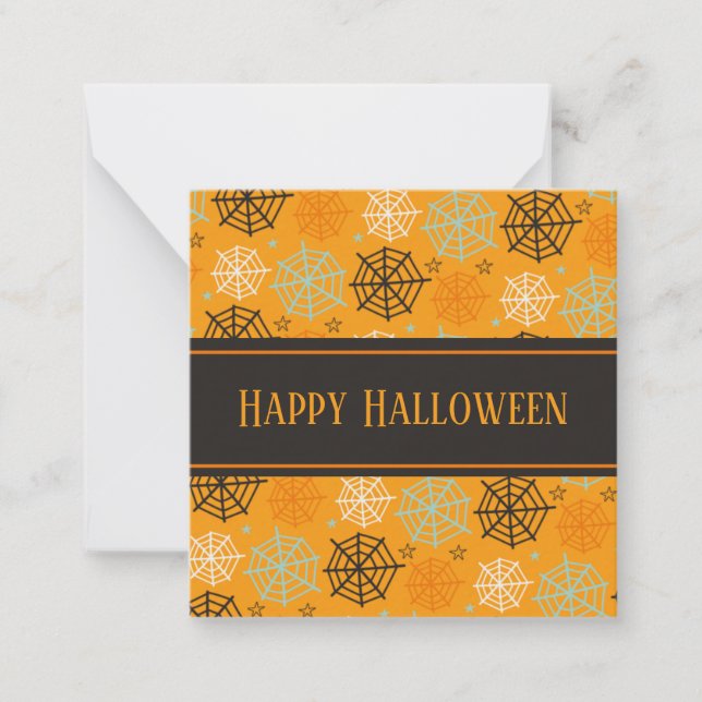 Fun orange "Happy Halloween" Spiderweb Pattern Card (Front)