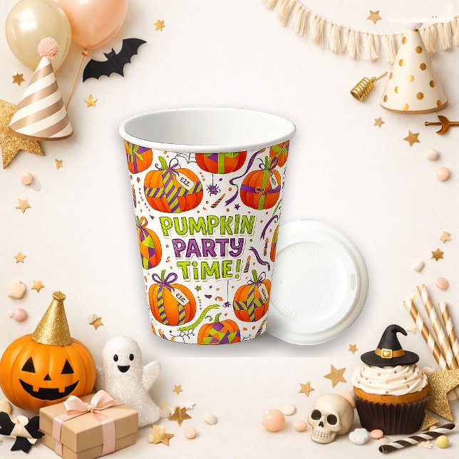 Fun Orange Painted Pumpkin Party Time Pattern Paper Cups (Creator Uploaded)