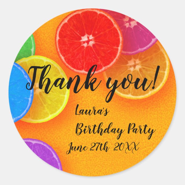 Fun orange slices Thank you Birthday Party Classic Round Sticker (Front)