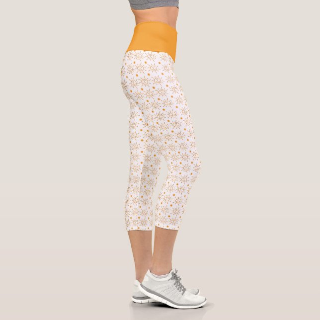 Fun Orange White Hand Drawn Smile Face Sun Capri Leggings (Right)