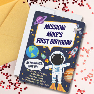 Fun Outer Space Astronaut,Cute Kids First Birthday Invitation