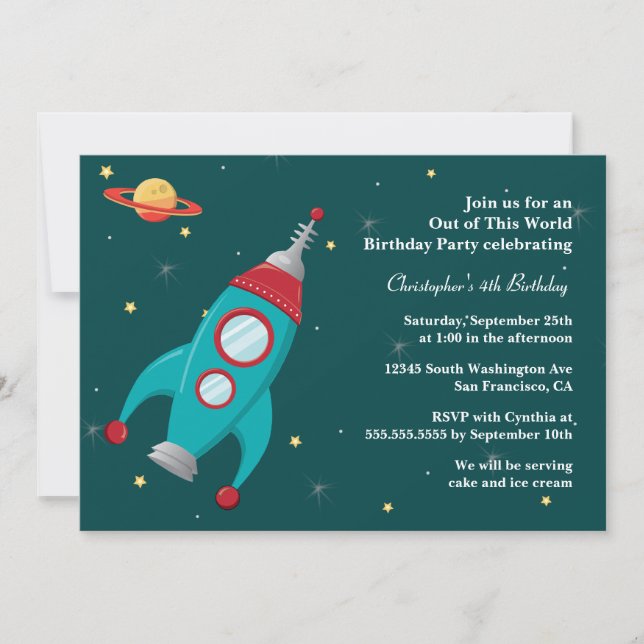 Fun outer space rocket birthday party invitation (Front)