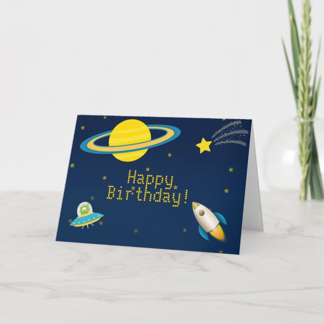 Fun Outer Space Rocket Greeting Card (Front)