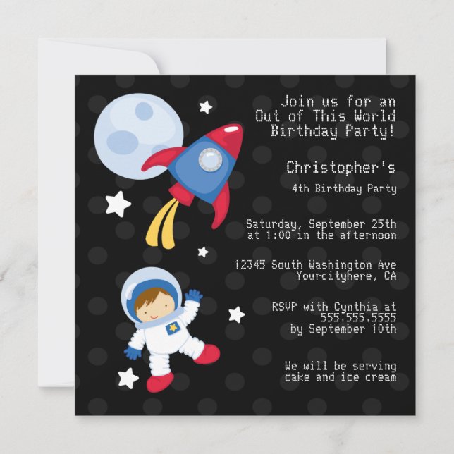 Fun outerspace astronaut birthday party invitation (Front)