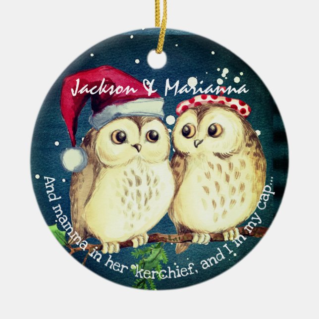 Fun Owl Couple Night Before Christmas  Ceramic Ornament (Front)