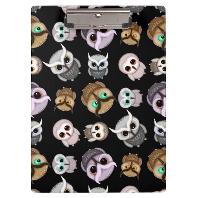 Fun Owl Pattern on Black Background Clipboard (Front)