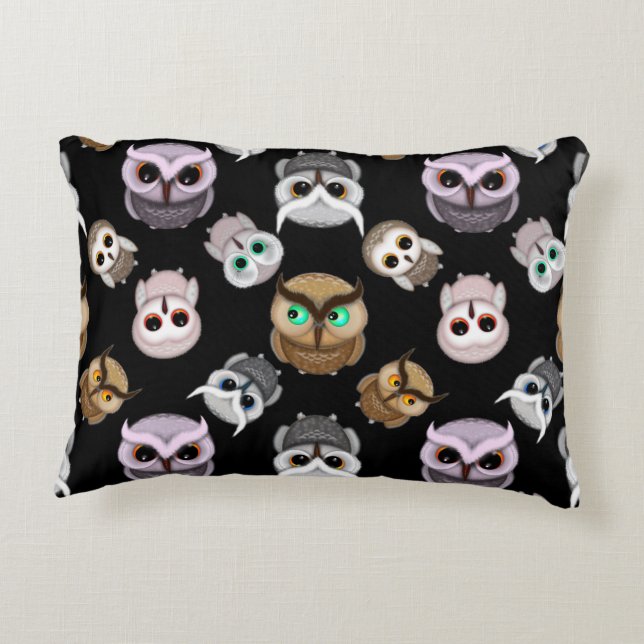 Fun Owl Pattern on Black Background Decorative Pillow (Back)