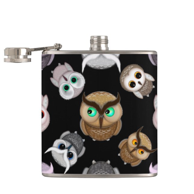 Fun Owl Pattern on Black Background Hip Flask (Opened)