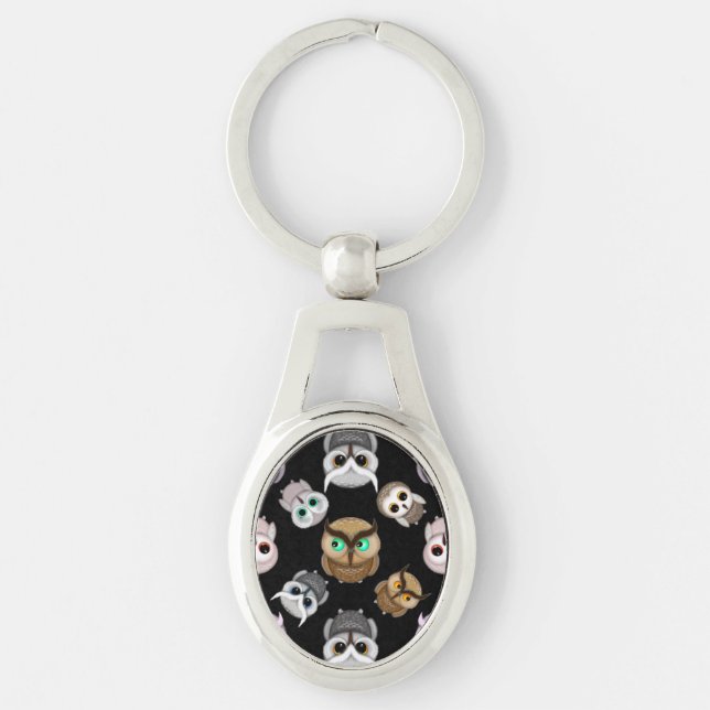 Fun Owl Pattern on Black Background Keychain (Front)