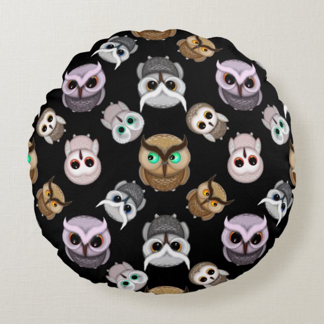Fun Owl Pattern on Black Background Round Pillow (Front)