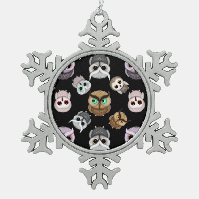 Fun Owl Pattern on Black Background Snowflake Pewter Christmas Ornament (Front)