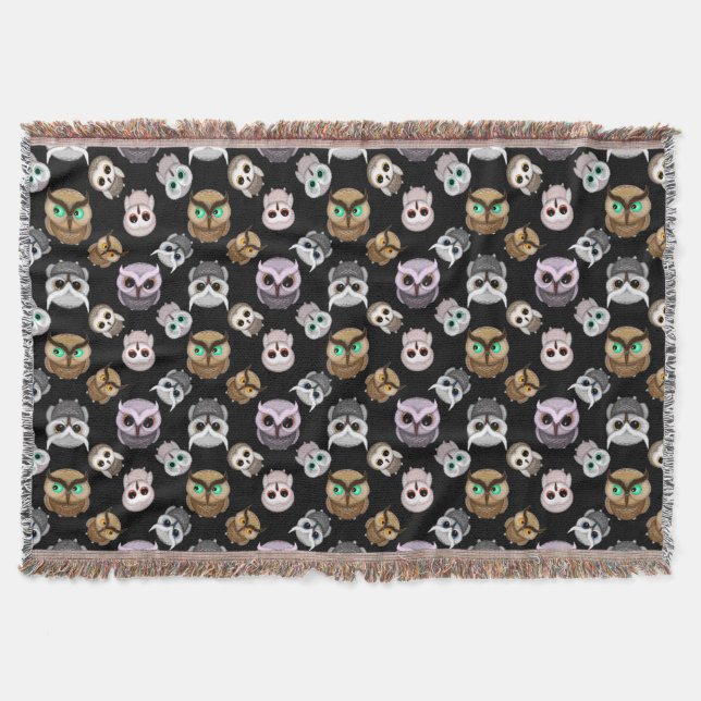 Fun Owl Pattern on Black Background Throw Blanket (Front)