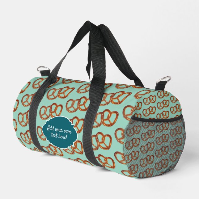 Fun Paired Pretzels Food Theme with custom text Duffle Bag (Right Corner)