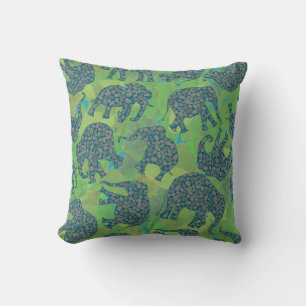 Fun Paisley Elephants, Jungle Green Leaves Pillow