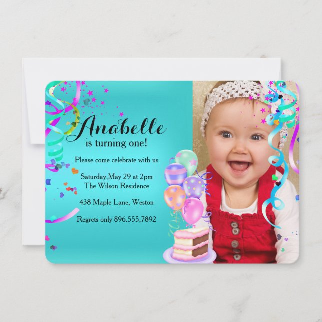 Fun Party Celebration First Birthday Teal Invitation (Front)