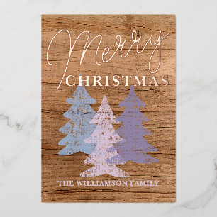 Fun Pastel Blue Blush Pink Violet Trees Gold Foil Holiday Card