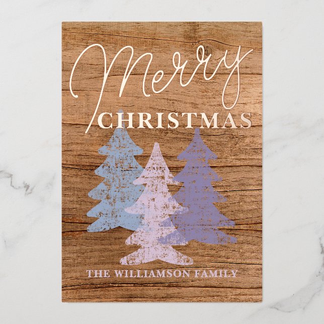 Fun Pastel Blue Blush Pink Violet Trees Gold Foil Holiday Card (Front)