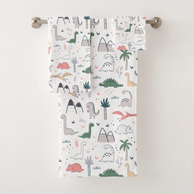 Fun Pastel Dinosaur Scene Pattern Bath Towel Set (Insitu)