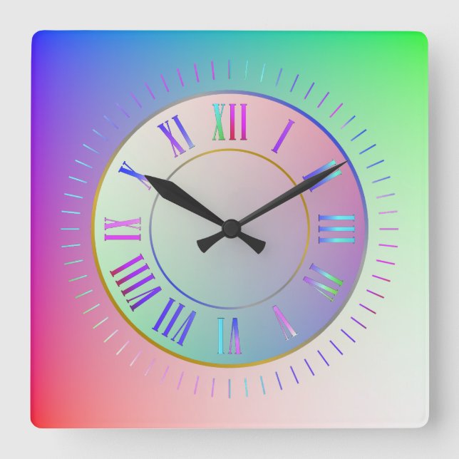 Fun Pastel Rainbow Colours Roman Hour, Minute Mark Square Wall Clock (Front)