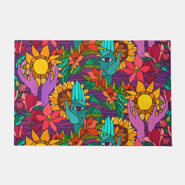 Fun pattern with flowers and hands doormat (Front)
