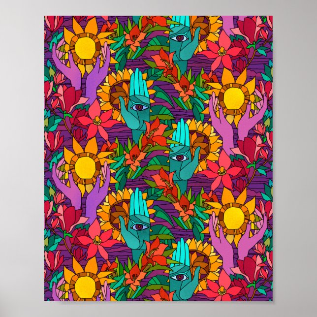 Fun pattern with flowers and hands poster (Front)