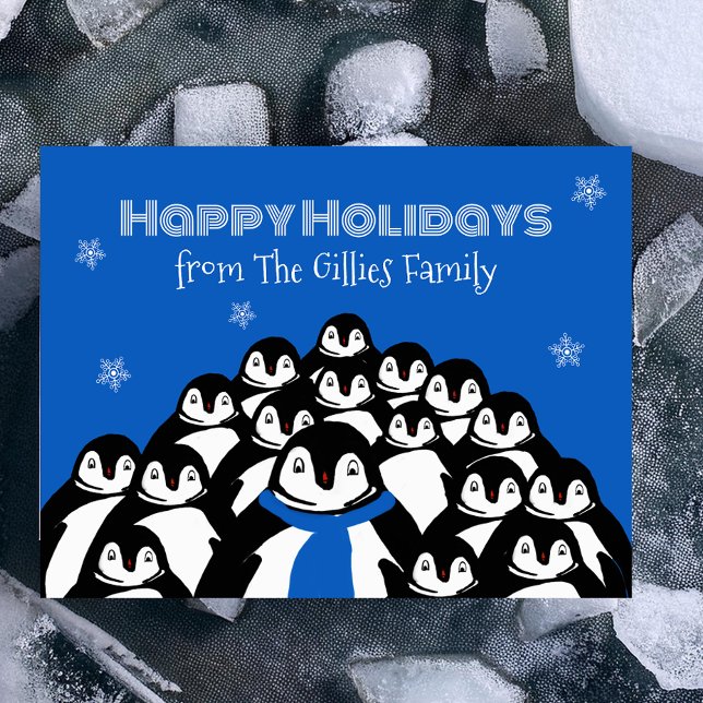 Fun Penguin Family Christmas Blue Postcard (Creator Uploaded)