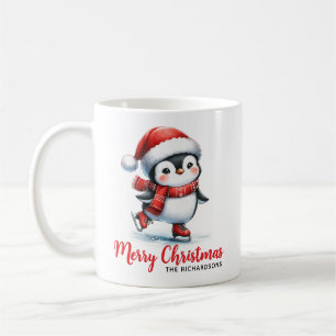 Fun Penguin Ice Skater White Red Merry Christmas Coffee Mug