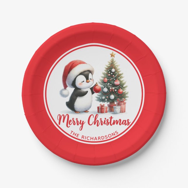 Fun Penguin Red White Custom Merry Christmas Paper Plate (Front)