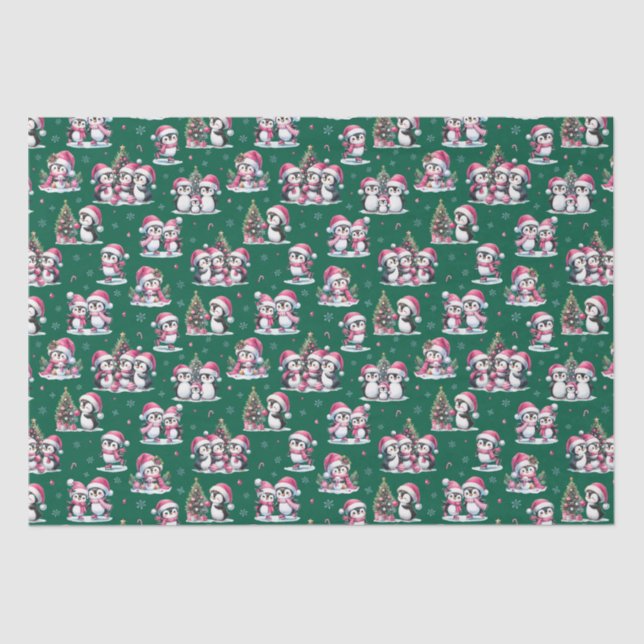 Fun Penguins Pattern Dark Green and Pink Christmas Tissue Paper (Front)
