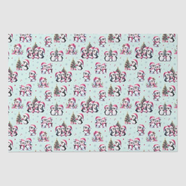 Fun Penguins Pattern Mint Green and Pink Christmas Tissue Paper (Front)