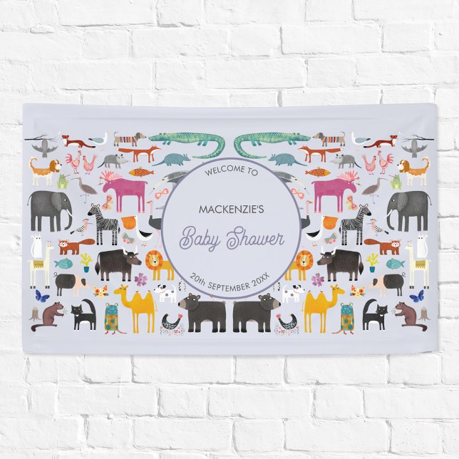 Fun Personalized Animal Baby Shower Banner (Jungle, safari, zoo, wild and pet animals and bird design baby shower welcome banner)