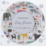 Fun Personalized Animal Baby Shower Paper Plate<br><div class="desc">Featuring all sorts of jungle,  safari,  zoo animals,  pets,  birds and wildlife. A monster and a dinosaur mmight have sneaked in there too. Perfect for a fun animal lover's baby shower celebration.  Change the text to personalize.  Original art by Nic Squirrell.</div>