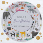 Fun Personalized Animal First 1st Birthday Paper Plate<br><div class="desc">Featuring all sorts of jungle,  safari,  zoo animals,  pets,  birds and wildlife. A monster and a dinosaur mmight have sneaked in there too. Perfect for a fun animal lover's first birthday party celebration.  Change the text to personalize.  Original art by Nic Squirrell.</div>
