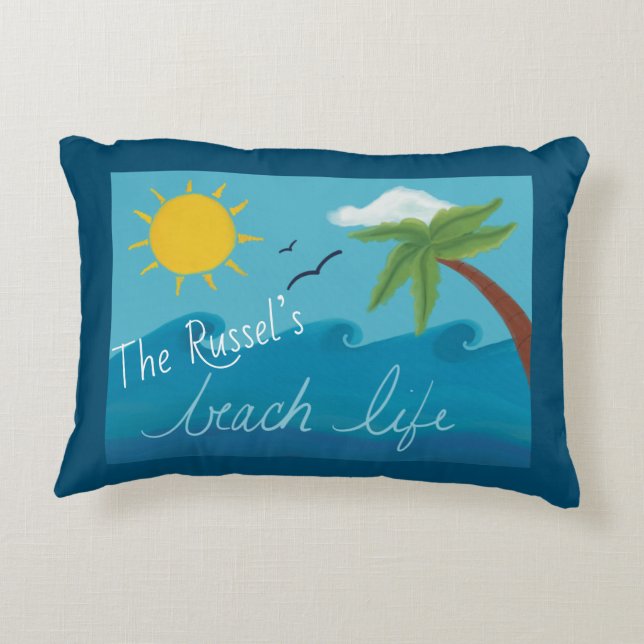 Fun Personalized Beach Life with Palm Tree & Ocean Accent Pillow (Back)