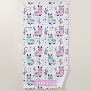 Fun Personalized Blue & Pink Llama Beach Towel