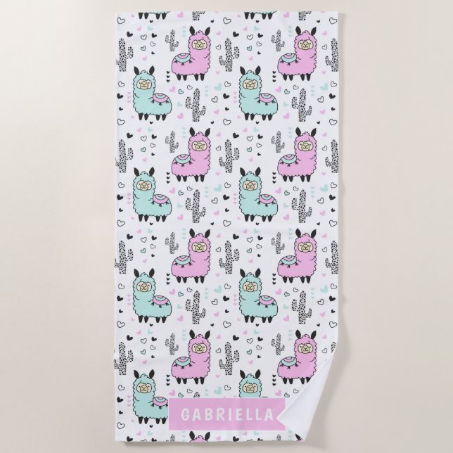 Fun Personalized Blue & Pink Llama Beach Towel (Front)