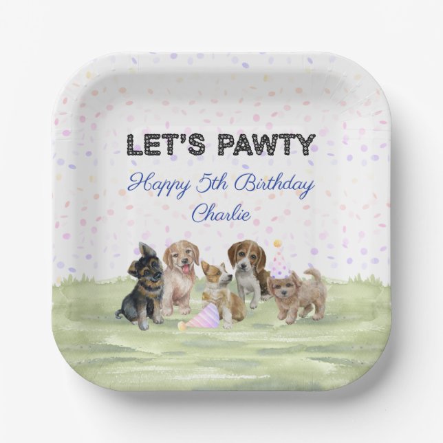 Fun Personalized Blue Puppy Dog Birthday Party Paper Plate (Front)
