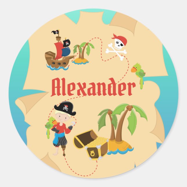 Fun Personalized Boy Pirate Treasure Map Classic Round Sticker (Front)