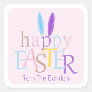 Fun Personalized Colourful Happy Easter Bunny Pink Square Sticker