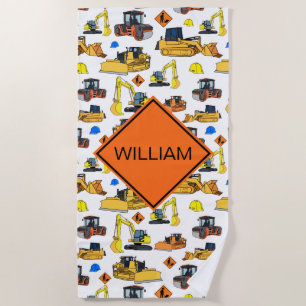 Fun Personalized Construction Vehicles Pattern Beach Towel
