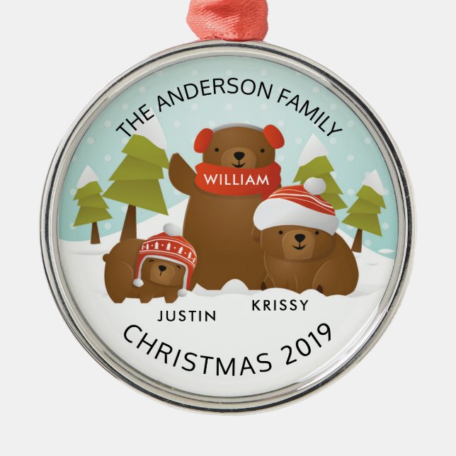 Fun Personalized Family Of 3 Bears Christmas Metal Ornament (Front)