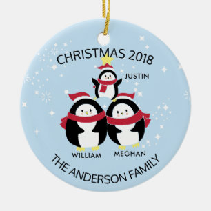 Fun Personalized Family Of 3 Penguins Christmas Ceramic Ornament