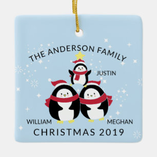 Fun Personalized Family Of 3 Penguins Christmas Ceramic Ornament