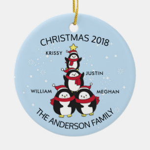 Fun Personalized Family Of 4 Penguins Christmas Ceramic Ornament
