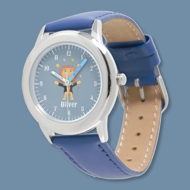 Fun personalized kid watch with juggler lion (Fun cartoon lion juggler kid personalized watch . )