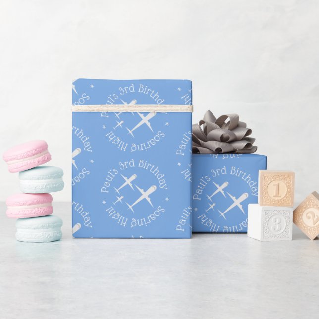 Fun Personalized Kid's Birthday Airplanes on Blue Wrapping Paper (Baby Shower)